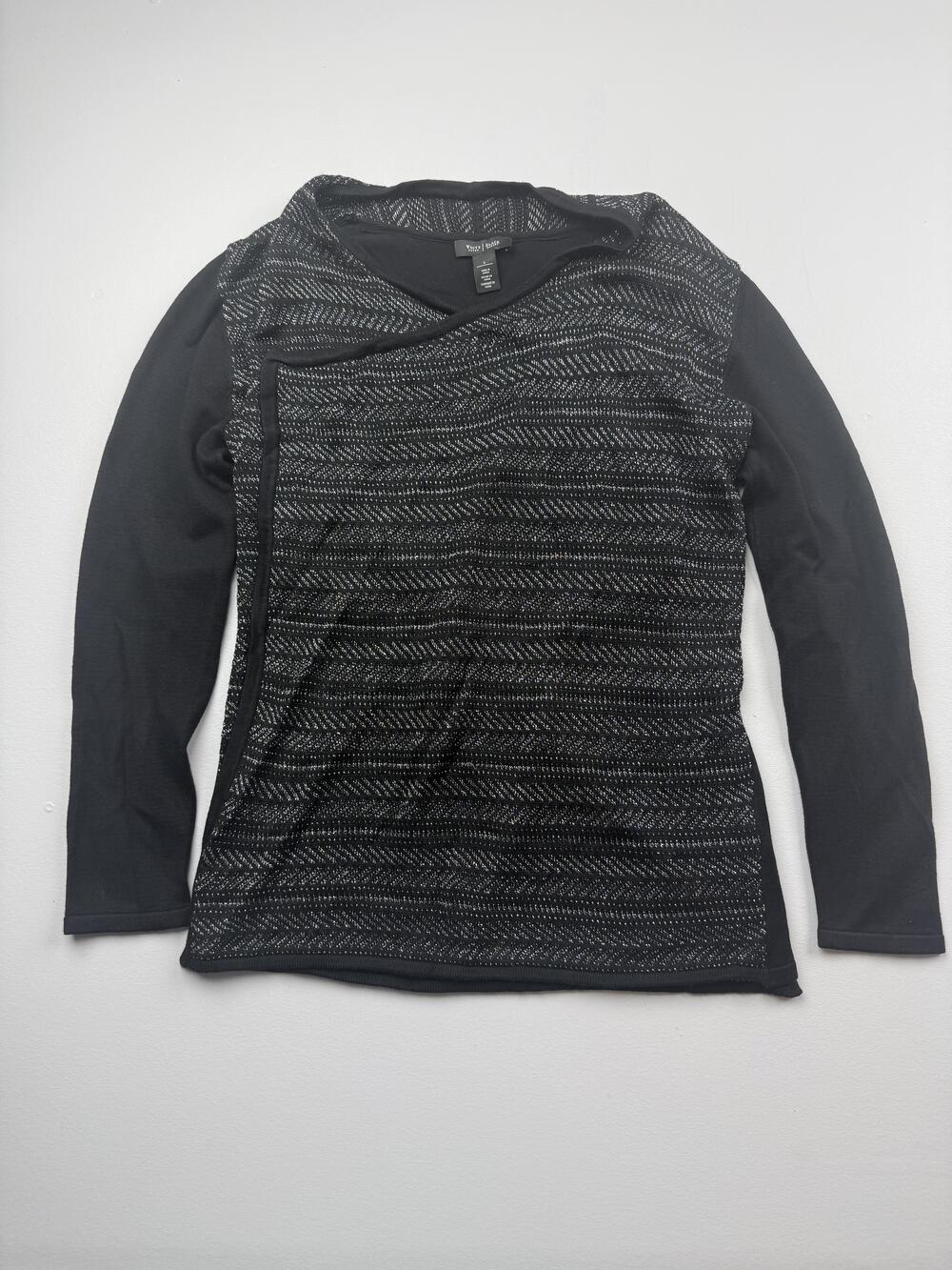 White House Black Market Blouse Womens L Black Crew Neck Long Sleeve Herringbone